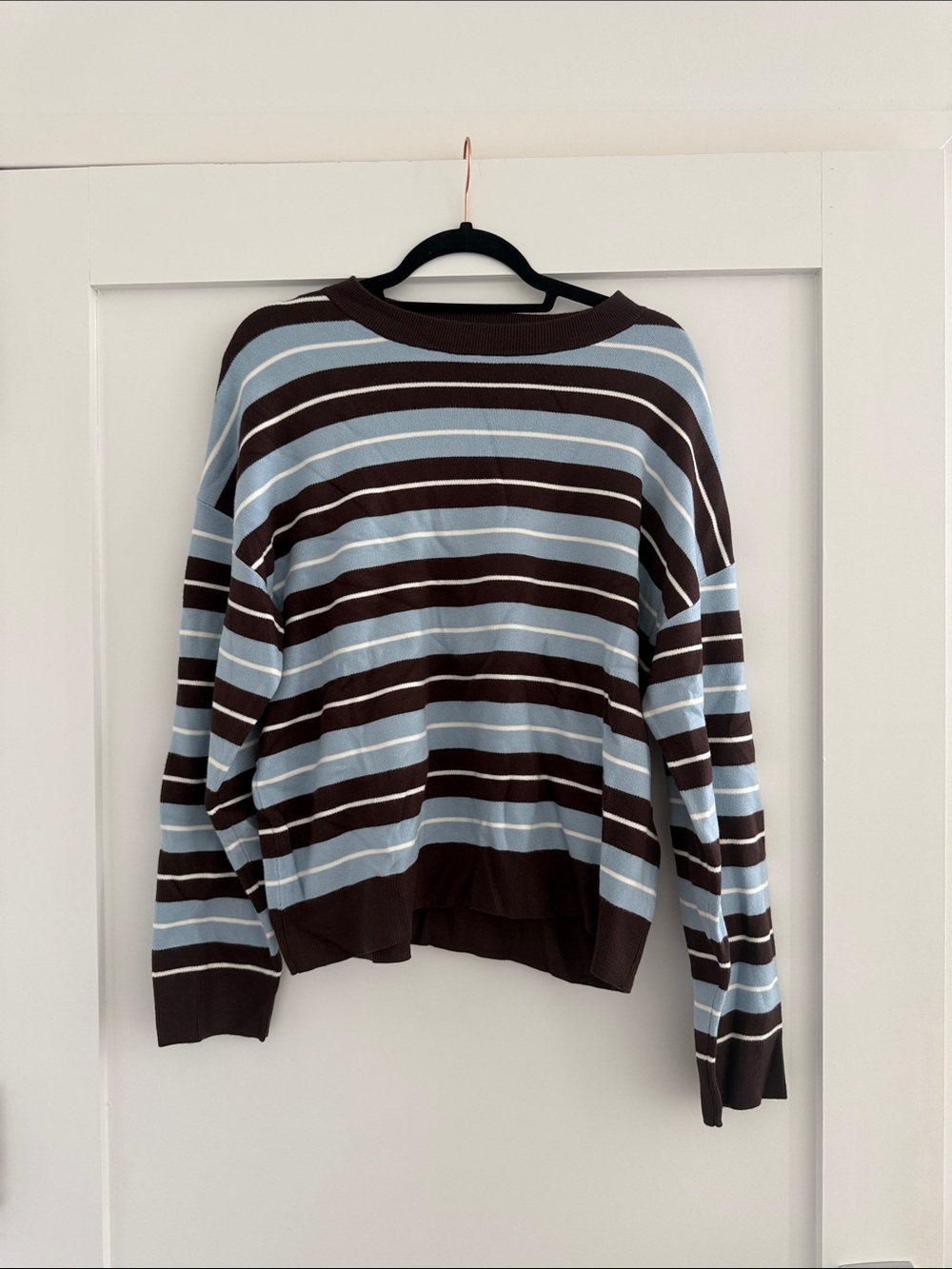 Mango Women’s Crewneck Striped Sweater in Light Blue & Brown